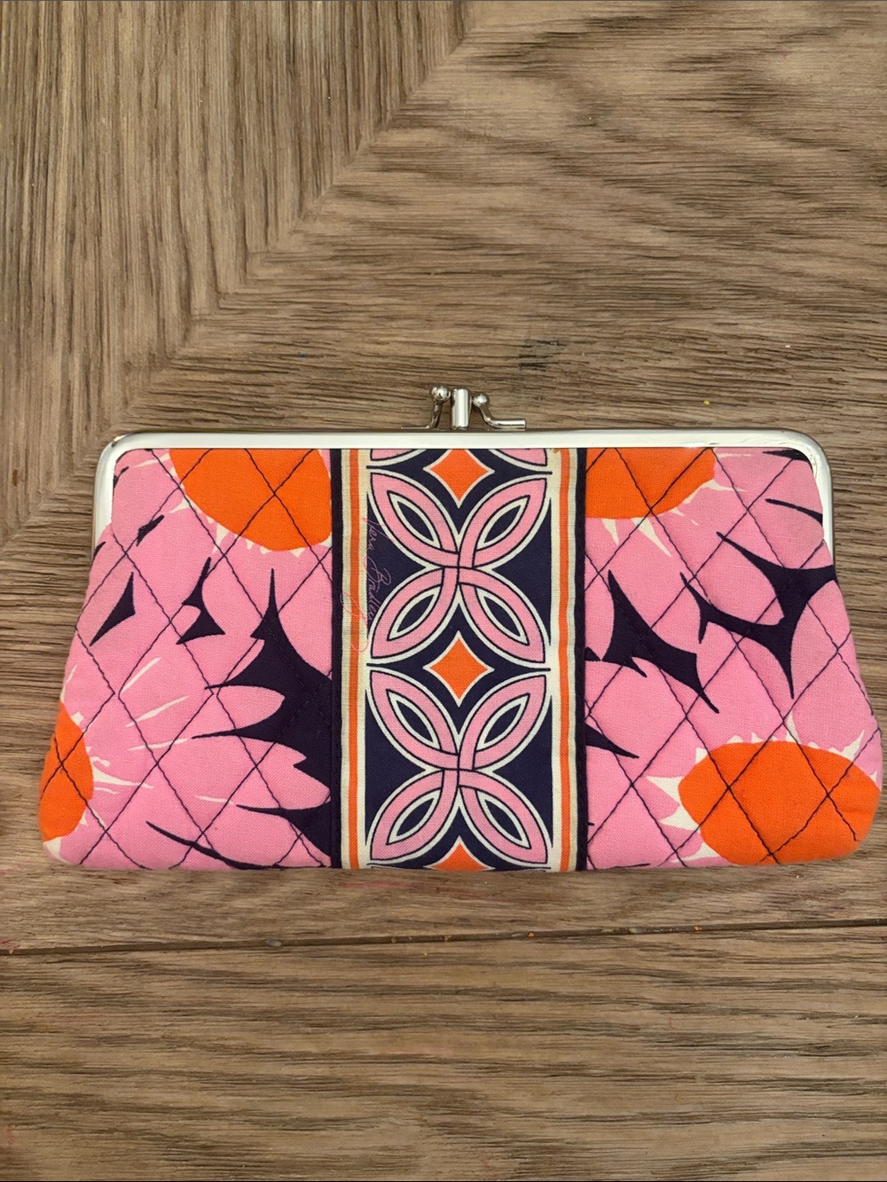 Vera Bradley Pink Orange Quilted Clasp Wristlet with Navy Accents